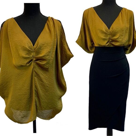OXMO mustard khaki green V neck web sleeve blouse Sz M - Picture 1 of 14